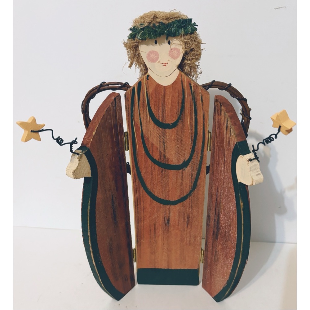 Vintage TERRY'S VILLAGE Folk Art Hand Painted Wooded Angel Folding Stand 12"